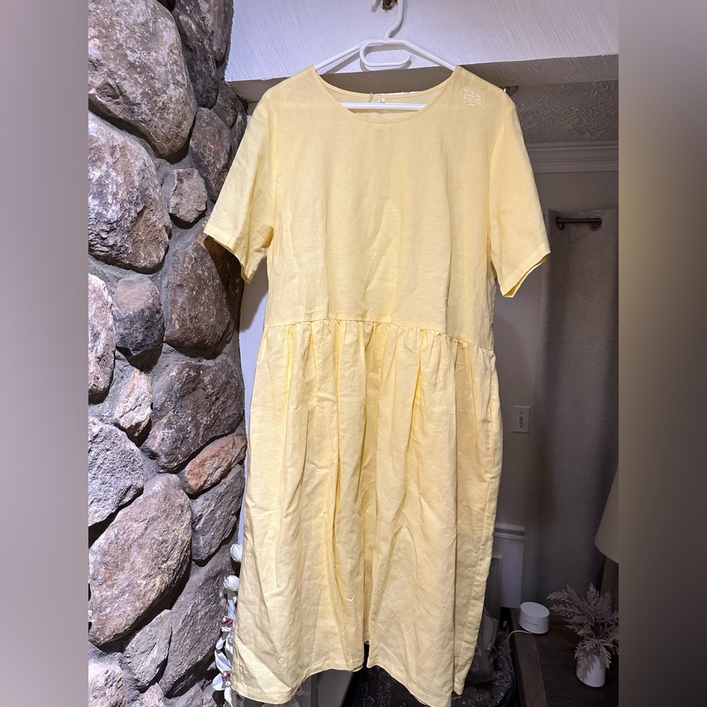 Vintage Handmade Linen Cotton Blend Midi Dress butter Yellow Cottagecore Size L - Picture 3 of 14